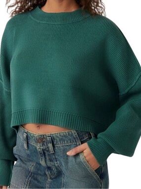 Free People Dark Green Ribbed Cropped Sweater Oversized Cozy Knit Top